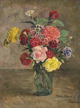 Flores Painting - BODEGÓN CON ROSAS Y CLAVELES EN TARRO DE CRISTAL Ilya Mashkov flores impresionismo